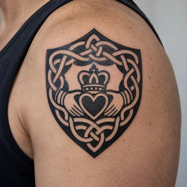 Blackwork Claddagh tattoo on the shoulder