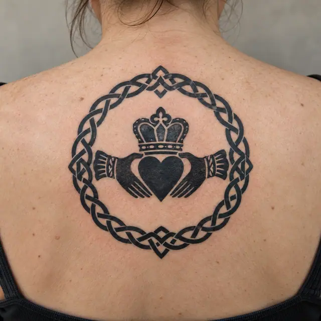 Blackwork Claddagh tattoo on the upper back