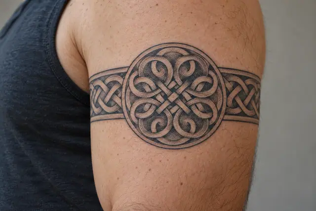 Dotwork Dara knot tattoo on the arm (armband)