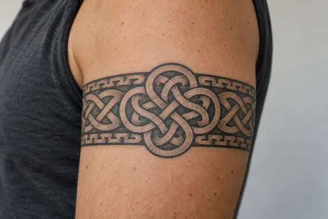Dotwork Dara knot tattoo on the arm (armband)