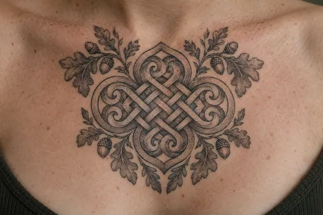 Dotwork Dara knot tattoo on the chest