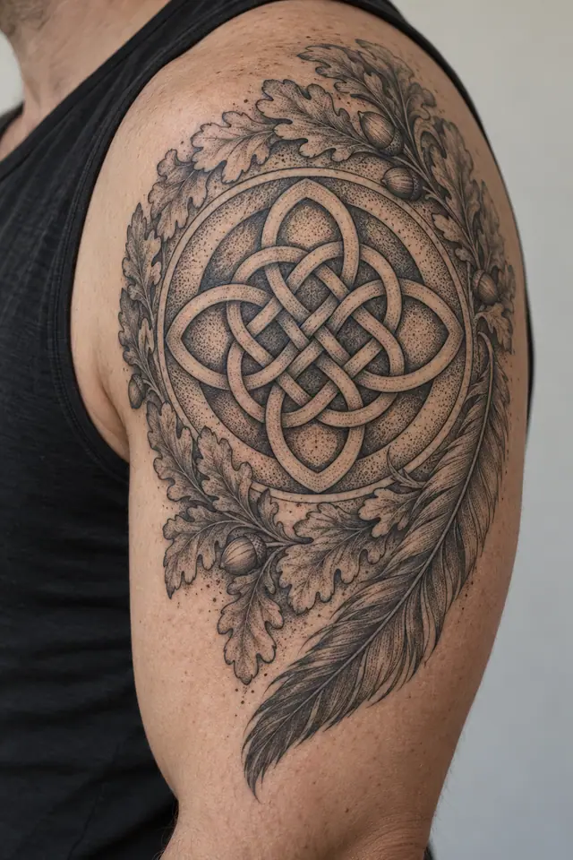 Dotwork Dara knot tattoo on the upper arm (half sleeve)