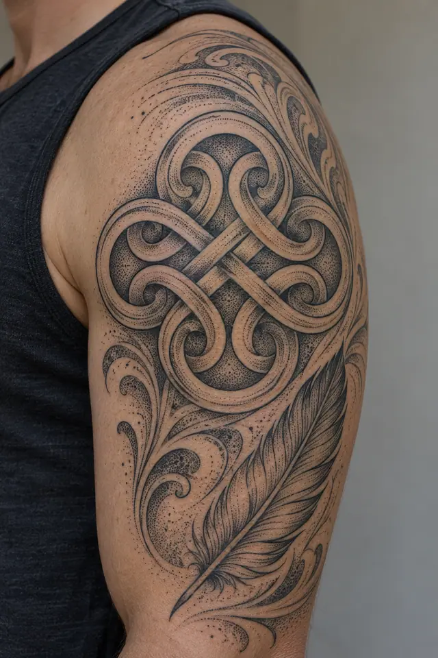 Dotwork Dara knot tattoo on the upper arm (half sleeve)