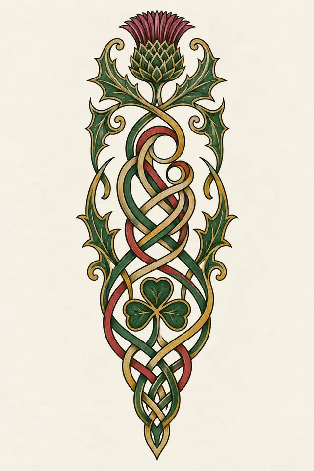 Color illuminated Celtic motherhood knot tattoo design for the calf