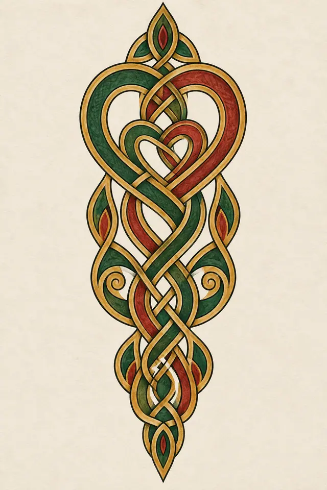 Color illuminated Celtic motherhood knot tattoo design for the calf