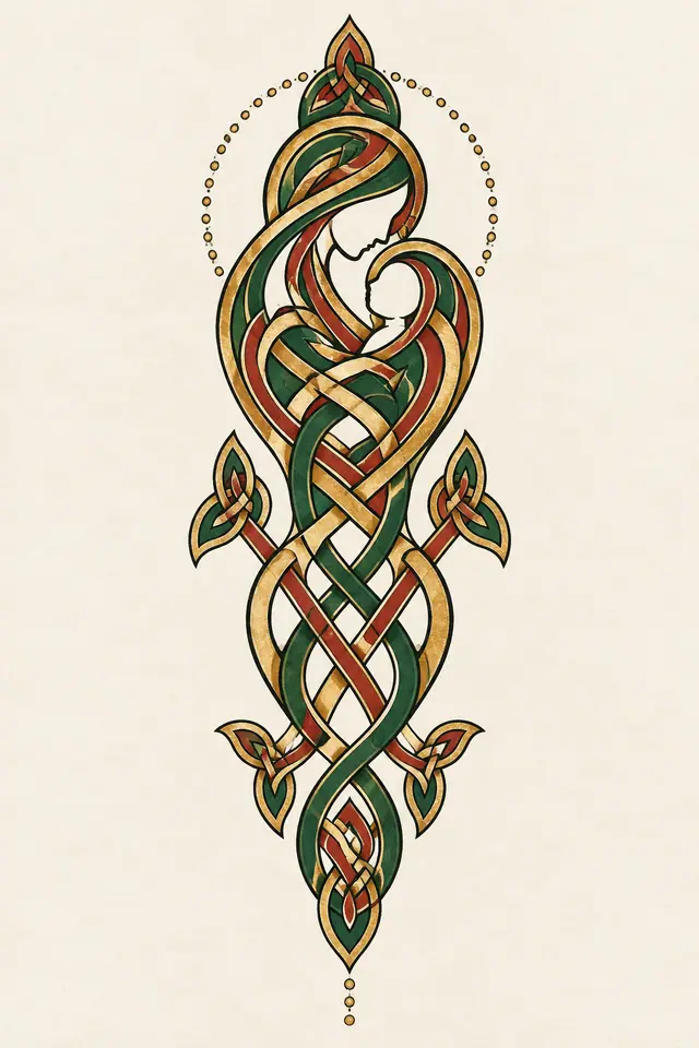 Color illuminated Celtic motherhood knot tattoo design for the calf