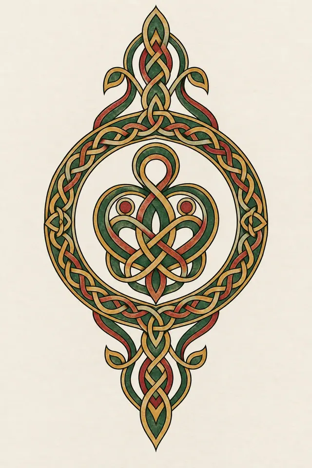 Color illuminated Celtic motherhood knot tattoo design for the calf