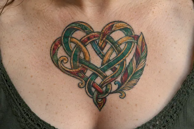 Color illuminated Celtic motherhood knot tattoo on the chest