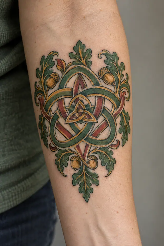 Color illuminated Celtic motherhood knot tattoo on the forearm