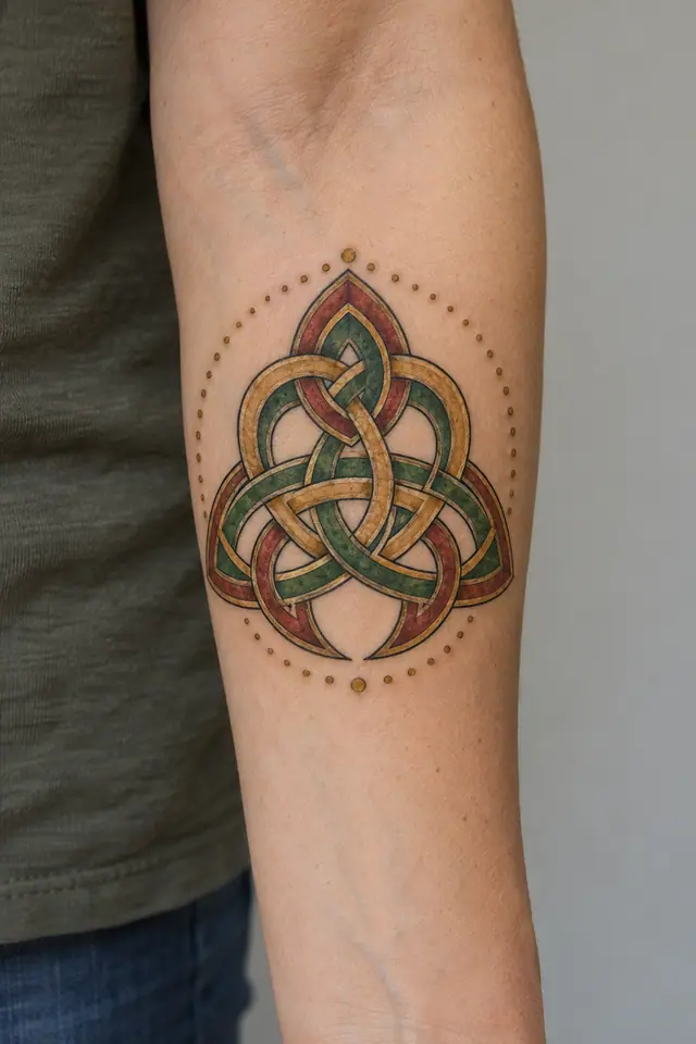 Color illuminated Celtic motherhood knot tattoo on the forearm