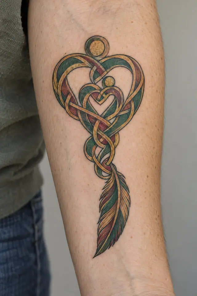 Color illuminated Celtic motherhood knot tattoo on the forearm