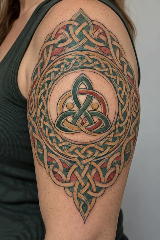 Color illuminated Celtic motherhood knot tattoo on the upper arm (half sleeve)