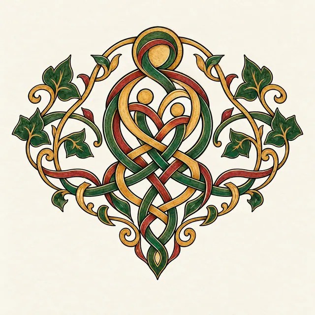Color illuminated Celtic motherhood knot tattoo design for the shoulder