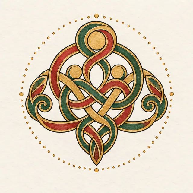 Color illuminated Celtic motherhood knot tattoo design for the shoulder