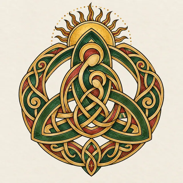 Color illuminated Celtic motherhood knot tattoo design for the shoulder