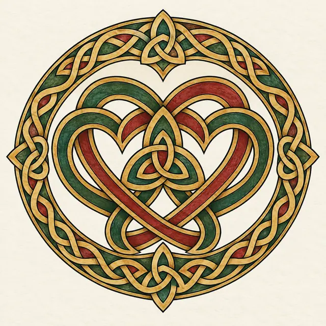 Color illuminated Celtic motherhood knot tattoo design for the shoulder