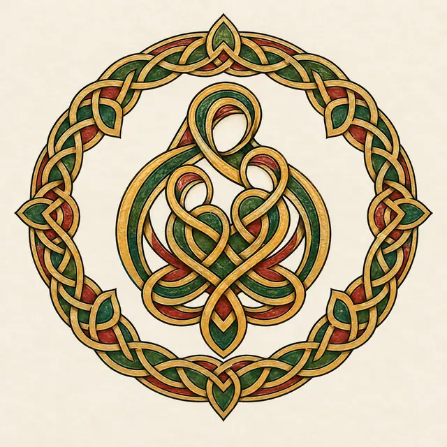 Color illuminated Celtic motherhood knot tattoo design for the upper back