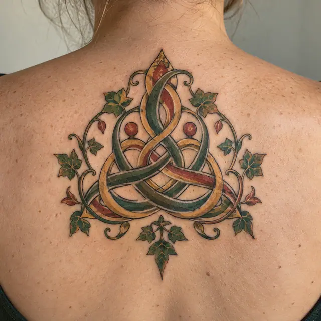 Color illuminated Celtic motherhood knot tattoo on the upper back