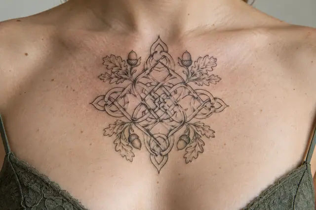 Fine-line Celtic shield knot tattoo on the chest