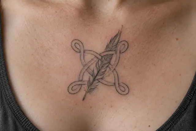 Fine-line Celtic shield knot tattoo on the chest