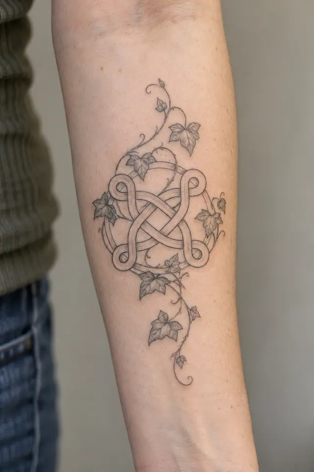 Fine-line Celtic shield knot tattoo on the forearm