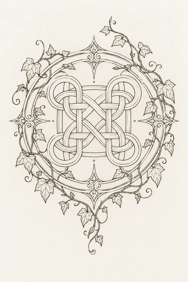 Fine-line Celtic shield knot tattoo design for the upper arm (half sleeve)