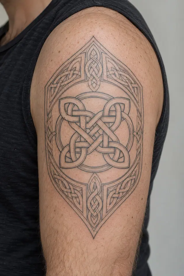 Fine-line Celtic shield knot tattoo on the upper arm (half sleeve)