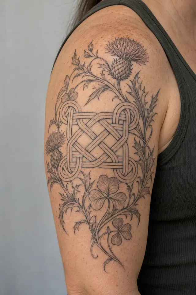 Fine-line Celtic shield knot tattoo on the upper arm (half sleeve)
