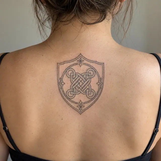 Fine-line Celtic shield knot tattoo on the upper back