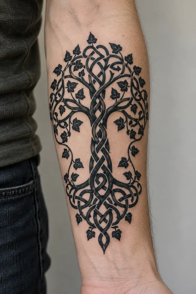 Blackwork Celtic tree of life tattoo on the forearm