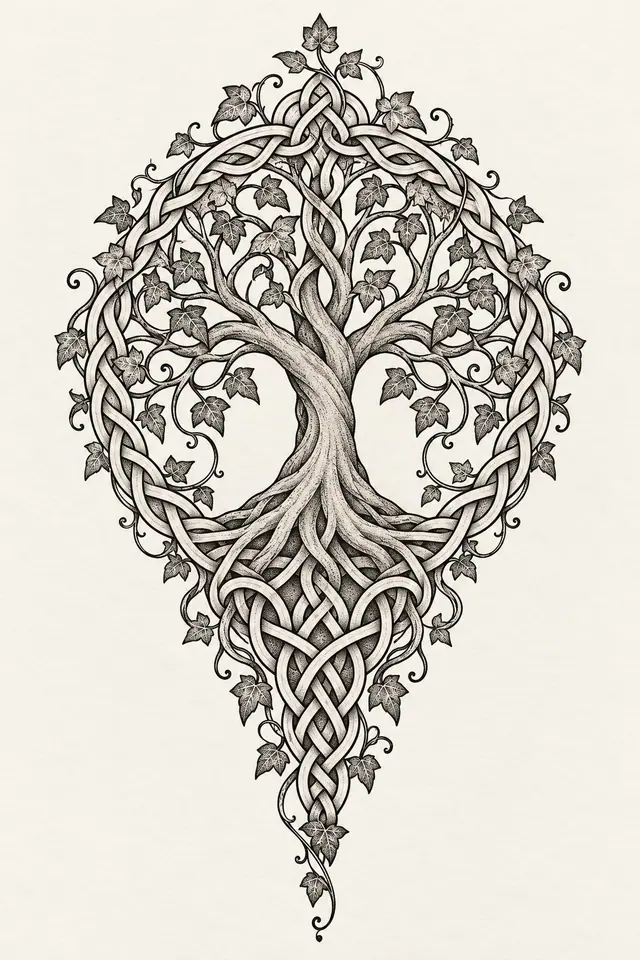 Dotwork Celtic tree of life tattoo design for the calf