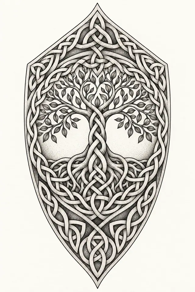 Dotwork Celtic tree of life tattoo design for the calf