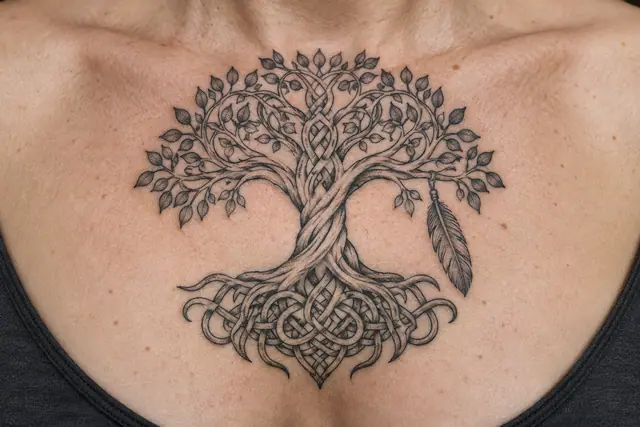 Dotwork Celtic tree of life tattoo on the chest