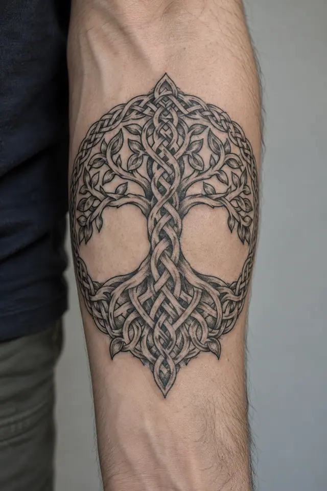 Dotwork Celtic tree of life tattoo on the forearm
