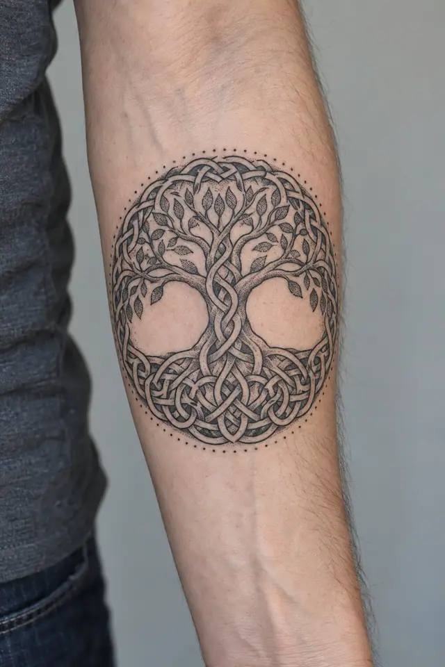 Dotwork Celtic tree of life tattoo on the forearm