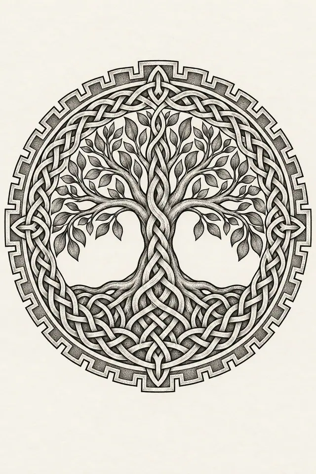 Dotwork Celtic tree of life tattoo design for the upper arm (half sleeve)