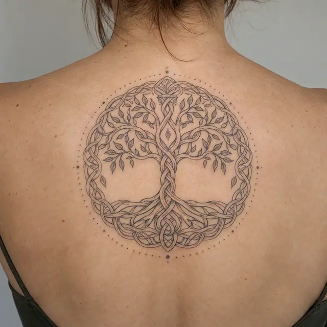 Fine-line Celtic tree of life tattoo on the upper back