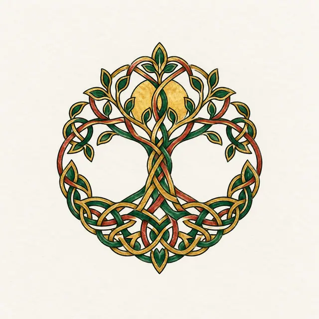 Color illuminated Celtic tree of life tattoo design for the ankle