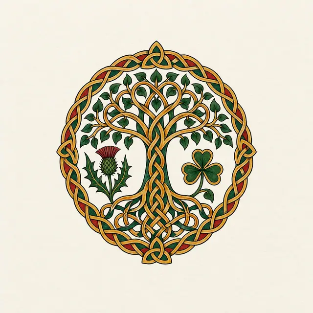Color illuminated Celtic tree of life tattoo design for the ankle