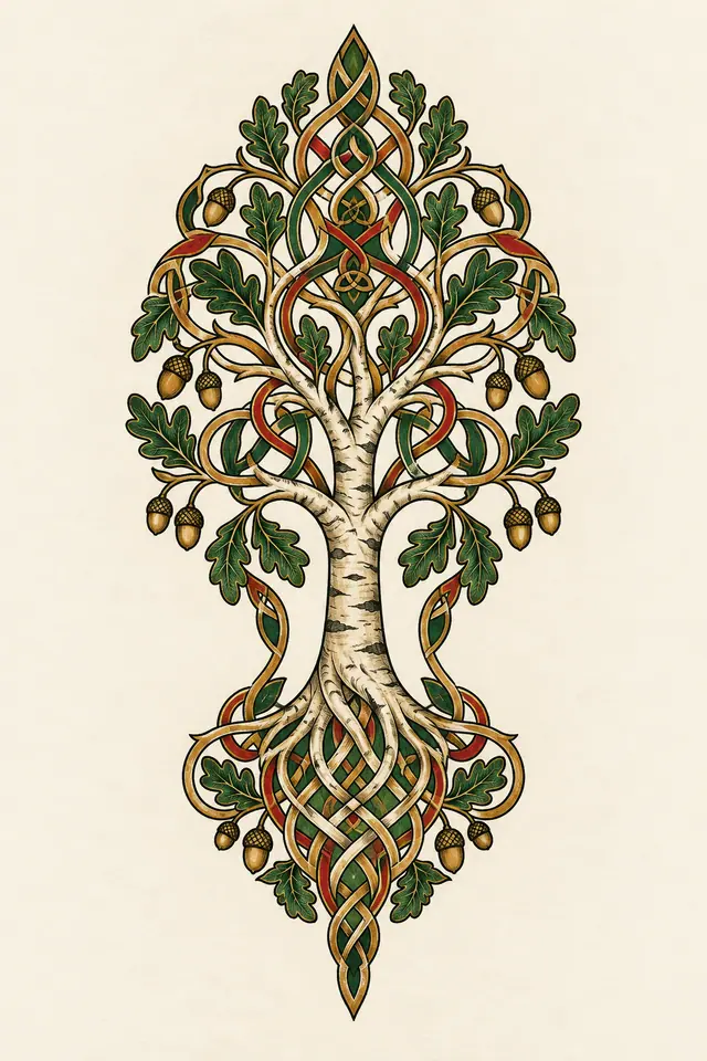 Color illuminated Celtic tree of life tattoo design for the calf