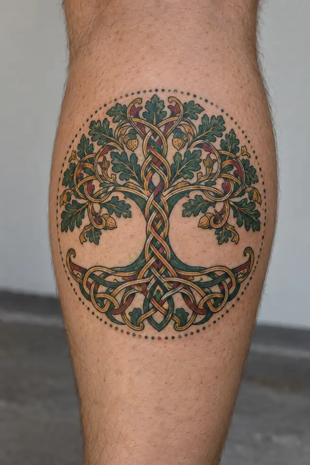 Color illuminated Celtic tree of life tattoo on the calf