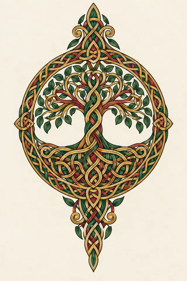 Color illuminated Celtic tree of life tattoo design for the calf
