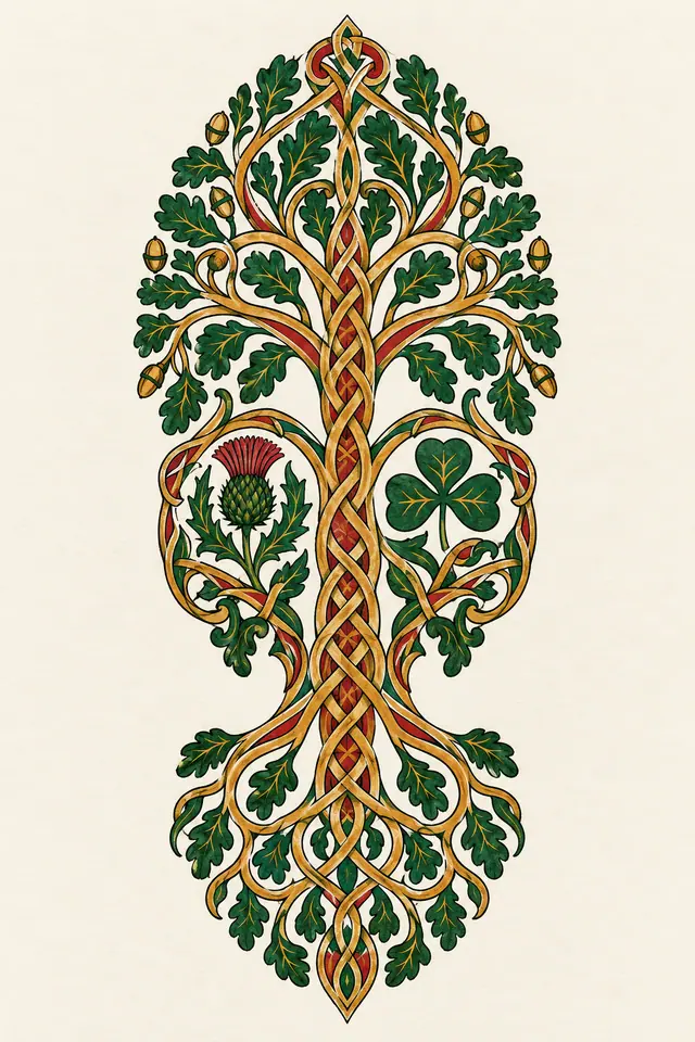 Color illuminated Celtic tree of life tattoo design for the calf