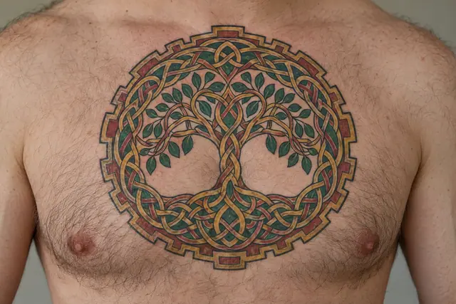 Color illuminated Celtic tree of life tattoo on the chest