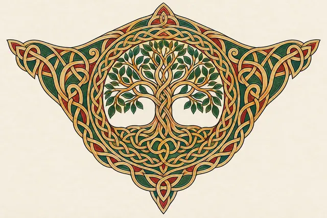 Color illuminated Celtic tree of life tattoo design for the chest