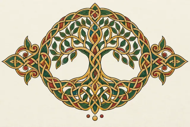 Color illuminated Celtic tree of life tattoo design for the chest