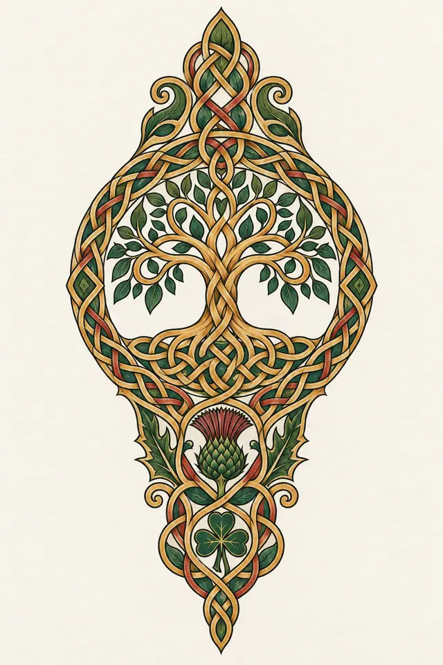 Color illuminated Celtic tree of life tattoo design for the forearm