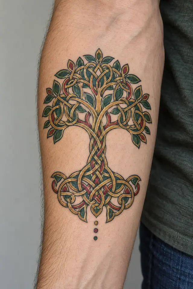 Color illuminated Celtic tree of life tattoo on the forearm