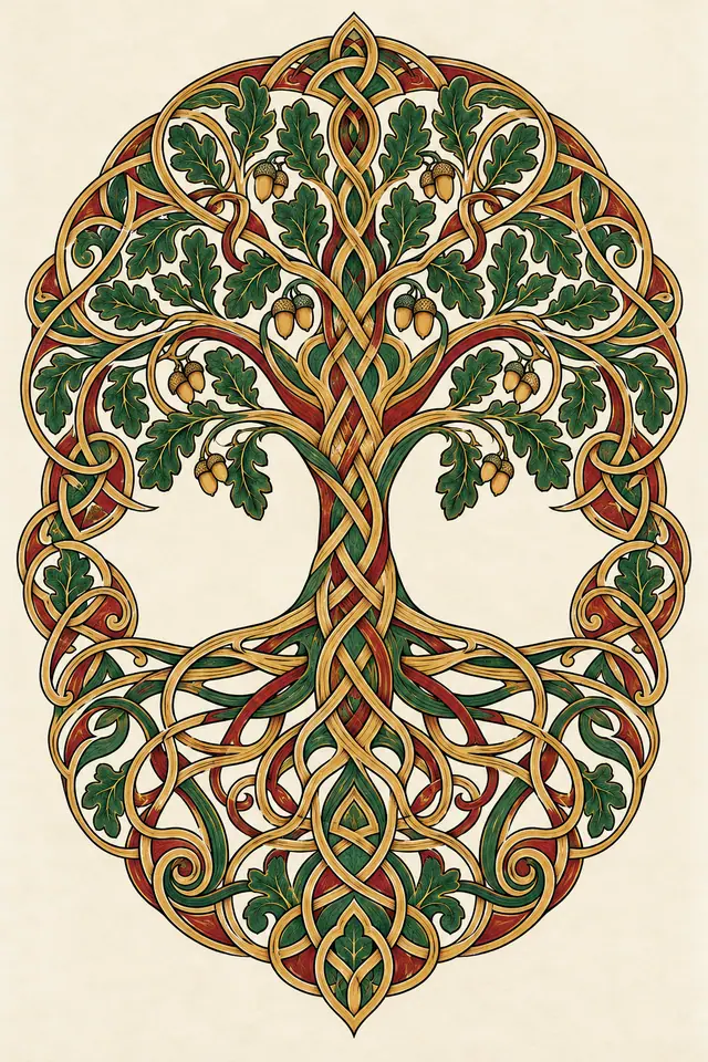 Color illuminated Celtic tree of life tattoo design for the upper arm (half sleeve)