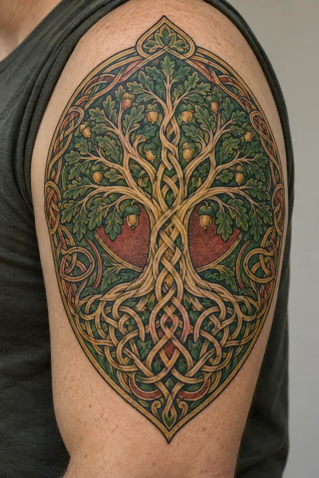 Color illuminated Celtic tree of life tattoo on the upper arm (half sleeve)